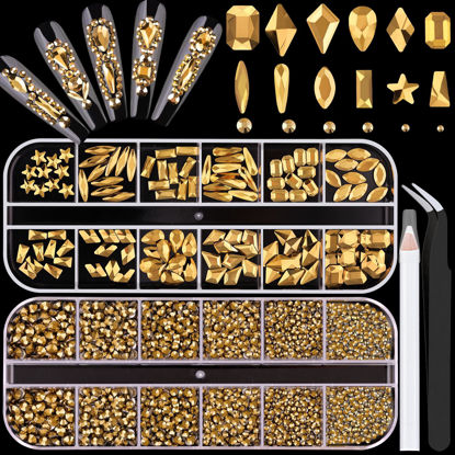 Picture of 3220Pcs Mineral Gold Glass Nail Rhinestones 120Pcs Multi Shapes Flatback Gems Crystal + 3100Pcs 1.5-4mm Round Beads, Manicure Diomand Jewelry Gemstones for Nail Design Makeup Acrylic Nails Decoration