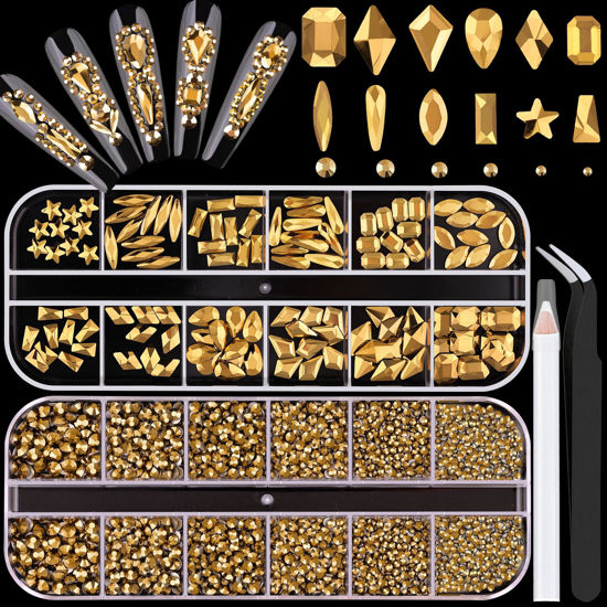 Picture of 3220Pcs Mineral Gold Glass Nail Rhinestones 120Pcs Multi Shapes Flatback Gems Crystal + 3100Pcs 1.5-4mm Round Beads, Manicure Diomand Jewelry Gemstones for Nail Design Makeup Acrylic Nails Decoration