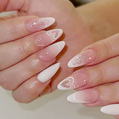 Picture of 24Pcs Valentines Day Press on Nails Medium Almond Fake Nails White French Tip False Nails Gold Glitter Heart Glue on Nails Pink Valentines Acrylic Nails for Women Girls Wedding Nails Charms