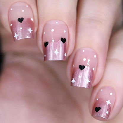 Picture of 24Pcs Pink Valentines Day Press on Nails Short Square Fake Nails Black Heart Wave Point Star Full Cover Glue on Nails Purple French Tip False Nails Cute Artificial Stick on Nails for Women Girls