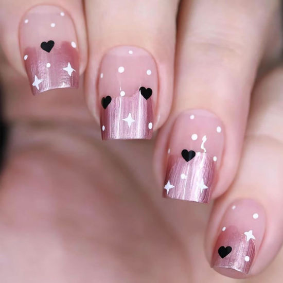 Picture of 24Pcs Pink Valentines Day Press on Nails Short Square Fake Nails Black Heart Wave Point Star Full Cover Glue on Nails Purple French Tip False Nails Cute Artificial Stick on Nails for Women Girls