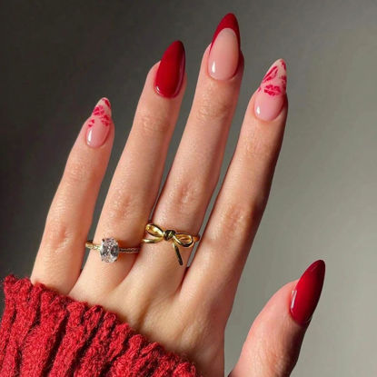Picture of 24Pcs Valentines Day Press on Nails Medium Almond Fake Nails French Tip Acrylic Nails Full Cover Red False Nails Sexy Lip Glue on Nails Stiletto Stick on Nails for Women Valentines Nails Decoration