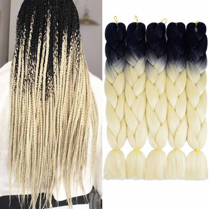 Picture of AIDUSA Color Braiding Hair Black to Blonde 5Pcs Synthetic Afro Braiding Hair Extensions 24 Inch 2 Tones for Women Twist Crochet Braids 100g (#B34 Black to 613)