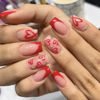 Picture of 24Pcs Valentines Day Short Press on Nails Square Fake Nails with Heart Rhinestone Design Artificial Glue on Nails Red French Tip False Nails Cute Stick on Acrylic Nails for Women Girl Valentines Nails