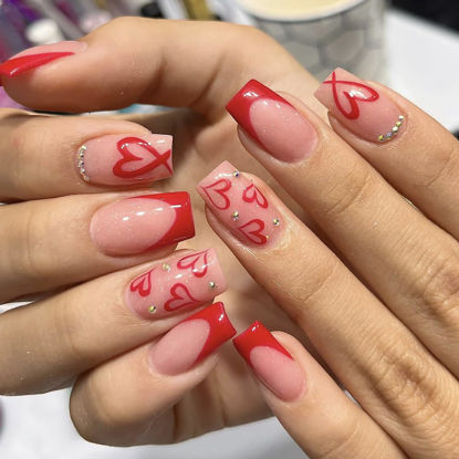 Picture of 24Pcs Valentines Day Short Press on Nails Square Fake Nails with Heart Rhinestone Design Artificial Glue on Nails Red French Tip False Nails Cute Stick on Acrylic Nails for Women Girl Valentines Nails