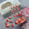 Picture of 24Pcs Valentines Day Short Press on Nails Square Fake Nails with Heart Rhinestone Design Artificial Glue on Nails Red French Tip False Nails Cute Stick on Acrylic Nails for Women Girl Valentines Nails