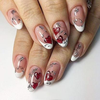 Picture of 24Pcs Heart Press on Nails Short Almond Fake Nails Valentines Day Press ons Red Glitter Heart Design Glue on Nails White French Tip Acrylic Nails Retro Style Artificial False Nails for Women Manicure