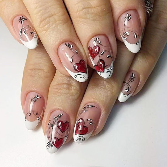 Picture of 24Pcs Heart Press on Nails Short Almond Fake Nails Valentines Day Press ons Red Glitter Heart Design Glue on Nails White French Tip Acrylic Nails Retro Style Artificial False Nails for Women Manicure
