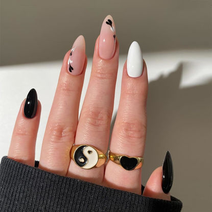 Picture of 24Pcs Valentines Day Almond Press on Nails Medium Stiletto Fake Nails with Black White Heart Design Acrylic Nails Reusable Nude False Nails Cute Artificial Glue on Nails for Women DIY Manicure