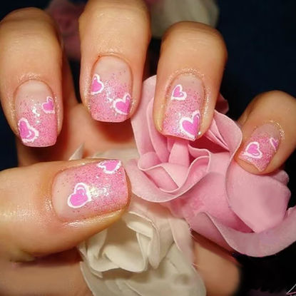 Picture of 24Pcs Pink Heart Press on Nails Square Short Fake Nails Valentines Day Press ons Full Cover Glitter Pink False Nails Romantic Wedding Glue on Nails Reusable Artificial Acrylic Nails for Women Girls