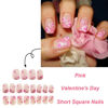 Picture of 24Pcs Pink Heart Press on Nails Square Short Fake Nails Valentines Day Press ons Full Cover Glitter Pink False Nails Romantic Wedding Glue on Nails Reusable Artificial Acrylic Nails for Women Girls
