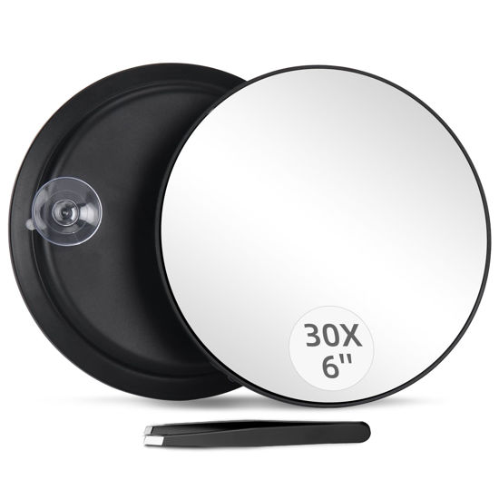 Picture of Round 30X Magnifying Mirror, 6inch Magnified Mirror with 3 Suction Cups, Compact Magnifying Mirror and Tweezers, 30X Travel Magnification Mirror for Makeup,Shaving,Blackhead Blemish Removal(Black-30X)