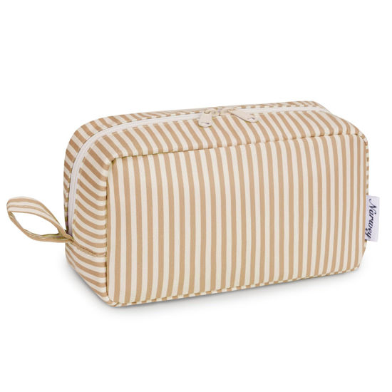 Picture of Narwey Cute Makeup Bag Small Toiletry Bag Travel Cosmetic Bag Organizer Make Up Bags with Organized Pockets for Women (Brown Stripe, Large)
