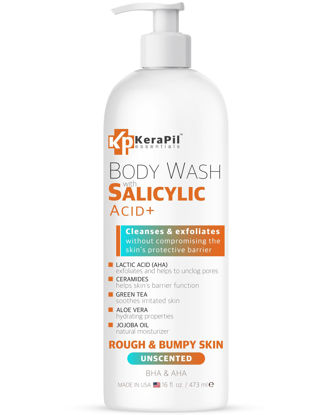Picture of Exfoliating Body Wash With Salicylic Acid - Gentle Exfoliates Rough and Bumpy Skin, KP and Acne, with BHA & AHA - Unscented Body Wash, Made in USA - (16 fl oz)