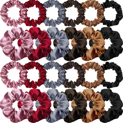Picture of 24 Pieces Satin Hair Scrunchies Silk Elastic Hair Bands Skinny Hair Ties Ropes Ponytail Holder for Women Girls Hair Accessories Decorations (Charming Colors, Plain Pattern)