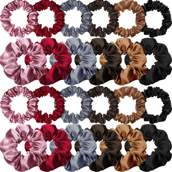 Picture of 24 Pieces Satin Hair Scrunchies Silk Elastic Hair Bands Skinny Hair Ties Ropes Ponytail Holder for Women Girls Hair Accessories Decorations (Charming Colors, Plain Pattern)