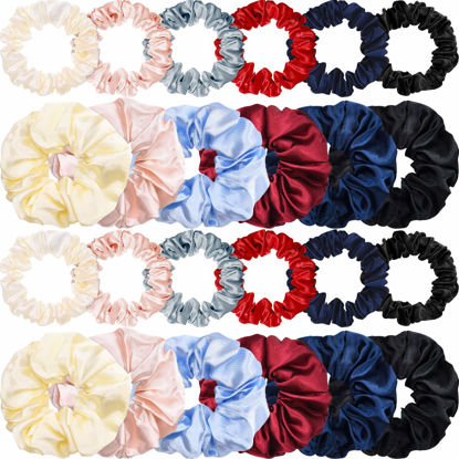 Picture of 24 Pieces Satin Hair Scrunchies Silk Elastic Hair Bands Skinny Hair Ties Ropes Ponytail Holder for Women Girls Hair Accessories Decorations (Elegant Colors, Plain Pattern)
