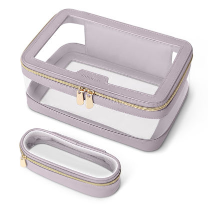 Picture of Soimeat Travel Clear Makeup Bag with Makeup Brush Bag, Leather Makeup Case Toiletry Bag, Portable Cosmetic Bag Case, Transparent Waterproof Cosmetic Organizer Storage Bag for Women, Purple