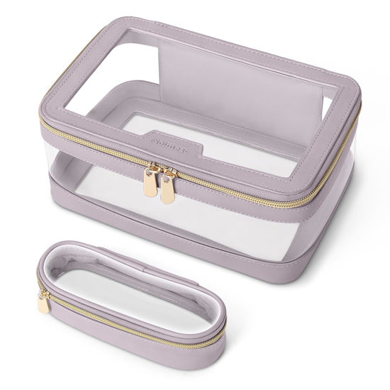 Picture of Soimeat Travel Clear Makeup Bag with Makeup Brush Bag, Leather Makeup Case Toiletry Bag, Portable Cosmetic Bag Case, Transparent Waterproof Cosmetic Organizer Storage Bag for Women, Purple