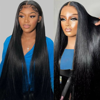 Picture of WZOWZO 32 Inch 13x6 Straight Lace Front Wigs Human Hair 180% Density HD Lace Front Wigs Human Hair Pre Plucked 13x6 Frontal Wigs Human Hair for Women Gluless Wigs Human Hair with Baby Hair