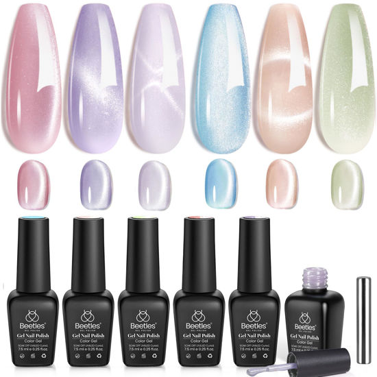 Picture of Beetles Cat Eye Gel Nail Polish Set, 6 Colors Jelly Pink Translucent Pastel Blue Green Purple Light Lucite Collection Sheer Gel Polish Soak Off LED Nail DIY Art Salon at Home Gifts for Women