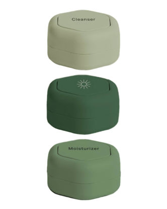 Picture of Cadence Travel Containers - Skincare Set - Magnetic Travel Capsules - For Facial Cleanser, Moisturizer, Sunscreen - 3 Small Capsules (0.56oz) with Cleanser, Moisturizer & Sun-Icon Labels - Evergreen