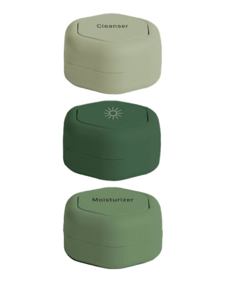 Picture of Cadence Travel Containers - Skincare Set - Magnetic Travel Capsules - For Facial Cleanser, Moisturizer, Sunscreen - 3 Small Capsules (0.56oz) with Cleanser, Moisturizer & Sun-Icon Labels - Evergreen