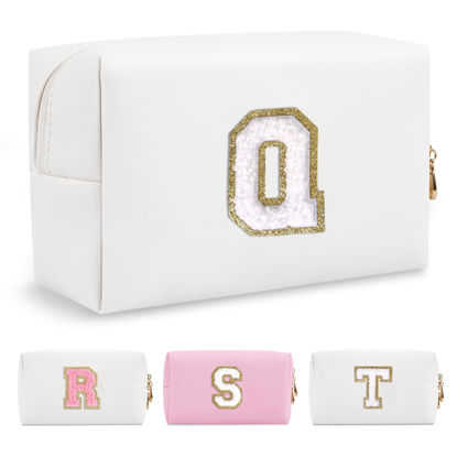 Picture of Small Personalized Initial A-Z Preppy Patch Makeup Bag,White PU Chenille Letter Travel Cosmetic Pouch with Zipper,Cute Toiletry Bag,Gift Ideal for Teen Girls Women Teacher Bridesmaid,Letter Q
