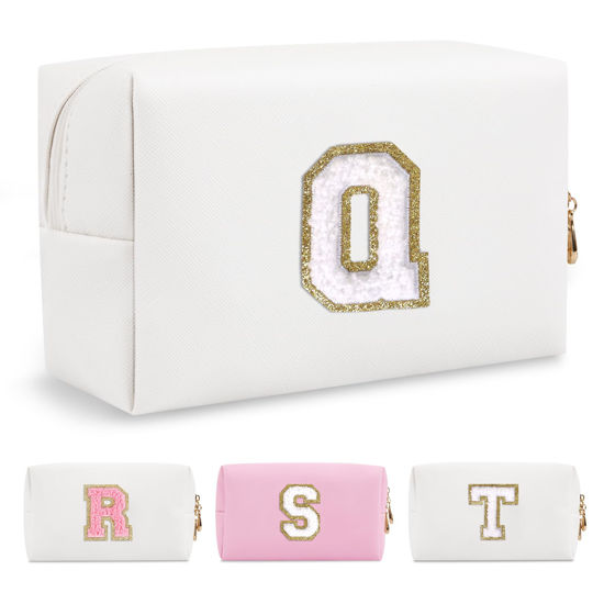 Picture of Small Personalized Initial A-Z Preppy Patch Makeup Bag,White PU Chenille Letter Travel Cosmetic Pouch with Zipper,Cute Toiletry Bag,Gift Ideal for Teen Girls Women Teacher Bridesmaid,Letter Q