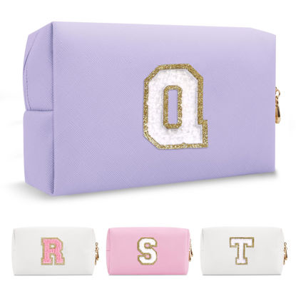 Picture of Personalized Makeup Bag Initial A-Z Preppy Patch Bag,Small PU Leather Travel Cosmetic Bag Pouch with Zipper,Purple Cute Toiletry Bag,Gift Ideal for Teen Girls Women Birthday Friend Mom,Latter Q