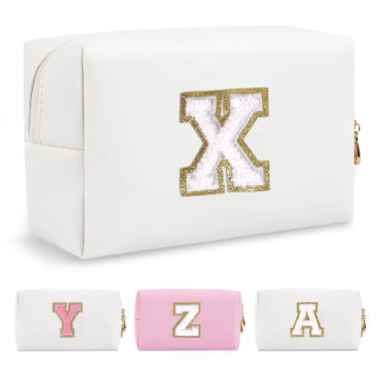 Picture of Small Personalized Initial A-Z Preppy Patch Makeup Bag,White PU Chenille Letter Travel Cosmetic Pouch with Zipper,Cute Toiletry Bag,Gift Ideal for Teen Girls Women Teacher Bridesmaid,Letter X