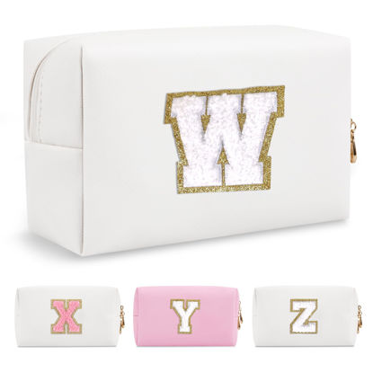 Picture of Small Personalized Initial A-Z Preppy Patch Makeup Bag,White PU Chenille Letter Travel Cosmetic Pouch with Zipper,Cute Toiletry Bag,Gift Ideal for Teen Girls Women Teacher Bridesmaid,Letter W
