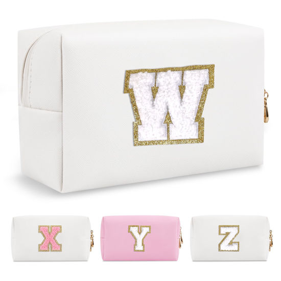 Picture of Small Personalized Initial A-Z Preppy Patch Makeup Bag,White PU Chenille Letter Travel Cosmetic Pouch with Zipper,Cute Toiletry Bag,Gift Ideal for Teen Girls Women Teacher Bridesmaid,Letter W