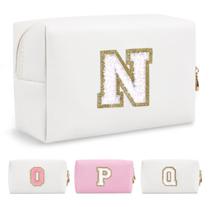 Picture of Small Personalized Initial A-Z Preppy Patch Makeup Bag,White PU Chenille Letter Travel Cosmetic Pouch with Zipper,Cute Toiletry Bag,Gift Ideal for Teen Girls Women Teacher Bridesmaid,Letter N