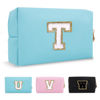 Picture of Small Personalized Initial A-Z Preppy Patch Makeup Bag,PU Chenille Letter Travel Cosmetic Pouch with Zipper,Blue Cute Toiletry Bag,Gift Ideal for Teen Girls Women Teacher Bridesmaid,Letter T