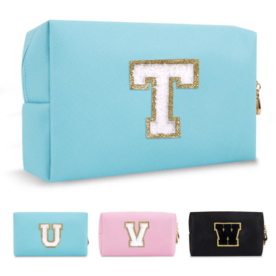 Picture of Small Personalized Initial A-Z Preppy Patch Makeup Bag,PU Chenille Letter Travel Cosmetic Pouch with Zipper,Blue Cute Toiletry Bag,Gift Ideal for Teen Girls Women Teacher Bridesmaid,Letter T