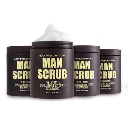 Picture of Body Prescriptions Men’s Exfoliating Body Scrub - Ultimate Skin Cleansing Wash in Jar with Twist-Top Lid, For All Skin Types, 21 Ounce (Pack of 4), Cedarwood