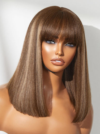Picture of LUVME HAIR 14Inch Ash Blonde Highlights Yaki Blunt Cut Bob Wig with Bangs Glueless Minimalist Lace Short Wig Breathable Cap