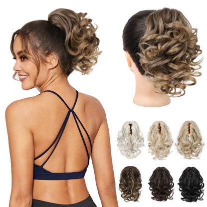 Picture of REECHO Ponytail Extension, 9" Claw Clip in Short Curly Wavy Pony Hair Extension Jaw Clip on Pony Tail HP001 Hairpiece for Women - Dark Ash Blonde with Golden Ends