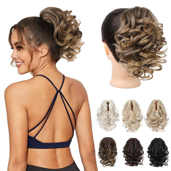 Picture of REECHO Ponytail Extension, 9" Claw Clip in Short Curly Wavy Pony Hair Extension Jaw Clip on Pony Tail HP001 Hairpiece for Women - Dark Ash Blonde with Golden Ends