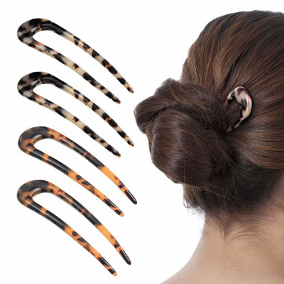 Picture of [4 Pack] Benefree French Style Cellulose Acetate Tortoise Shell U Shaped Hair Pin Fork 2 Prong Updo Chignon Pin for Women Girls Hairstyle Accessories（Tortoiseshell and White Tortoiseshell)