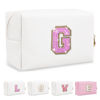 Picture of Small Initial Patch Makeup Bag Personalized Gifts Make Up Bag,White Cute PU Leather Glitter Letter Cosmetic Bag with Zipper,Trendy Portable Travel Toiletry Pouch,Preppy Stuff for Teen Girls Women G