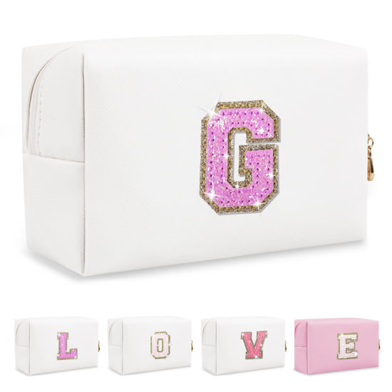 Picture of Small Initial Patch Makeup Bag Personalized Gifts Make Up Bag,White Cute PU Leather Glitter Letter Cosmetic Bag with Zipper,Trendy Portable Travel Toiletry Pouch,Preppy Stuff for Teen Girls Women G