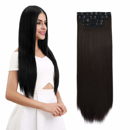 Picture of REECHO Multi-Length 20" 22" 24" Long Straight Synthetic 4 PCS Set Thick Clip in on Hair Extensions Dark Brown