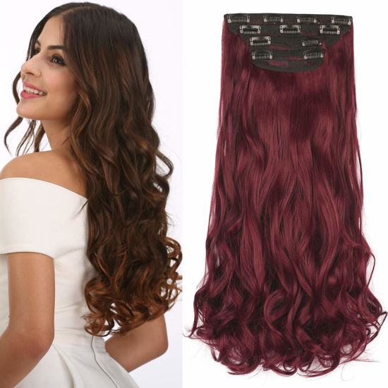 Picture of REECHO 24" Long Thick Curly Wavy Clip in on Hair Extensions 4 Pieces Set Burgundy