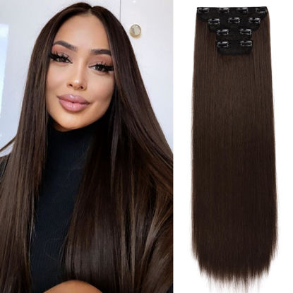Picture of REECHO 24" Long Straight Thick Clip in on Hair Extensions 4 Pieces Set Chocolate Deep Brown
