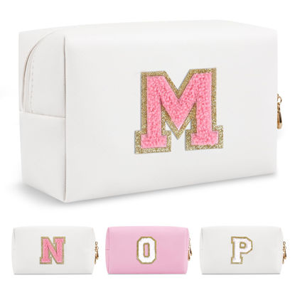 Picture of Personalized Makeup Bag Initial A-Z Preppy Patch Bag,Small PU Leather Travel Cosmetic Bag Pouch with Zipper,White Cute Toiletry Bag,Gift Ideal for Teen Girls Women Birthday Friend Mom,Letter M