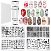 Picture of Nail Stamper Plate Kit, 4x Nail Stamping Plates +Dual-end Silicone Nail Art Stamper +Scraper, Valentine's Day Love Heart Kiss &Spring Butterfly Flowers &Leopard Design, DIY Manicure Salon Home BlueZOO