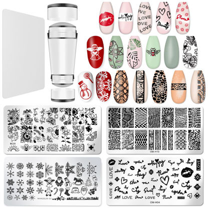 Picture of Nail Stamper Plate Kit, 4x Nail Stamping Plates +Dual-end Silicone Nail Art Stamper +Scraper, Valentine's Day Love Heart Kiss &Spring Butterfly Flowers &Leopard Design, DIY Manicure Salon Home BlueZOO