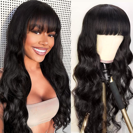 Picture of Body Wave Wigs with Bangs Human Hair Wigs for Black Women None Lace Front Wigs 150% Density Brazilian Virgin Hair Glueless Machine Made Wig Natural Color(20 Inch, Body Wave)